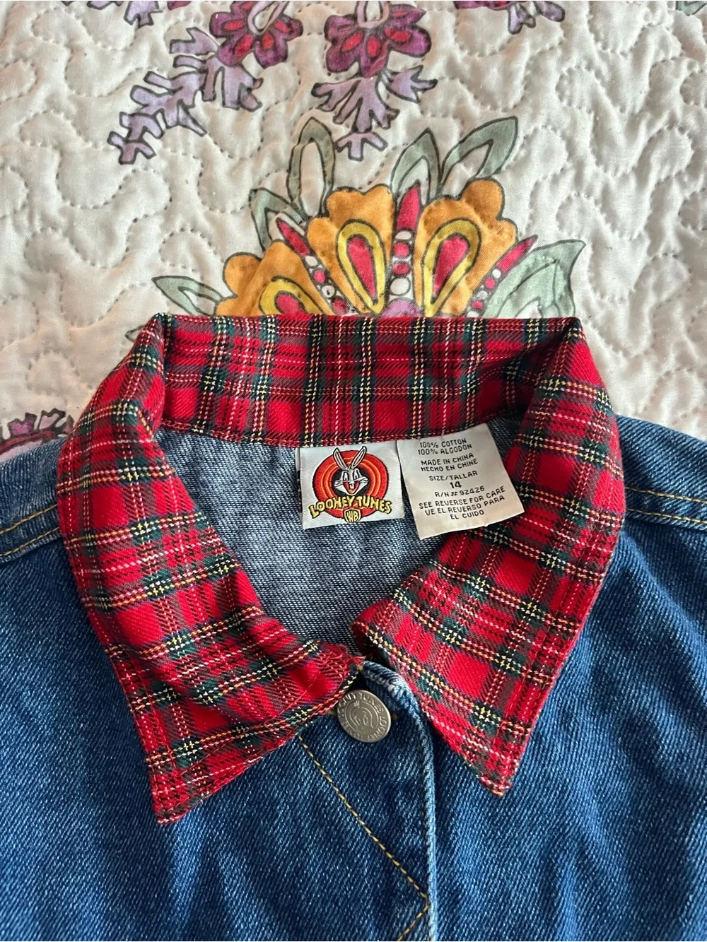 Vintage 1997 90’s Tweedy Bird Denim Jacket youth kids Size 14 Red Plaid Heart